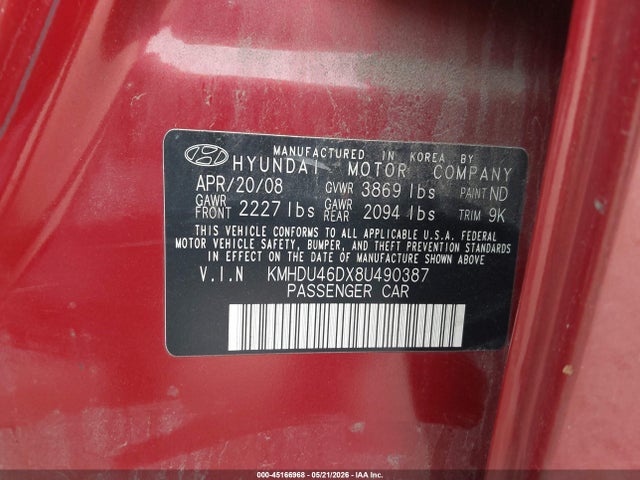 Продажа на аукционе авто 2008 Hyundai Elantra Gls/se, vin: KMHDU46DX8U490387, номер лота: 45166968
