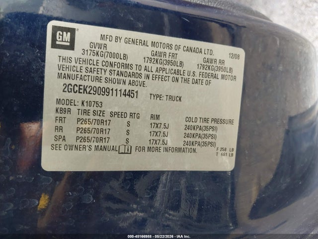 45166988 :رقم المزاد ، 2GCEK290991114451 vin ، 2009 Chevrolet Silverado 1500 Lt مزاد بيع