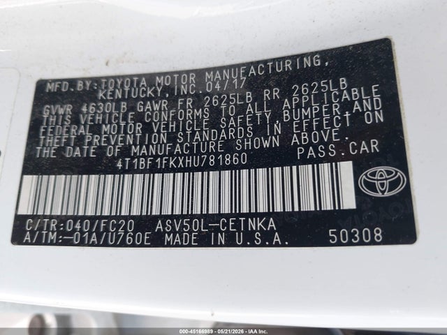 45166989 :رقم المزاد ، 4T1BF1FKXHU781860 vin ، 2017 Toyota Camry Le مزاد بيع