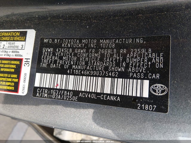 2009 Toyota Camry Le მანქანა იყიდება აუქციონზე, vin: 4T1BE46K99U375462, აუქციონის ნომერი: 45166992