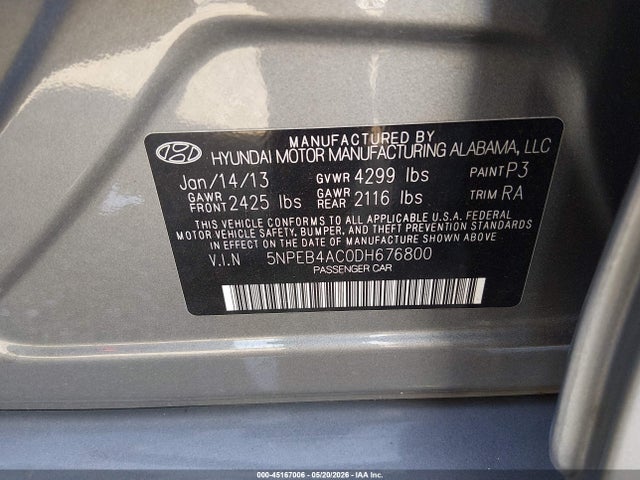 Aukcja sprzedaży 2013 Hyundai Sonata Gls, vin: 5NPEB4AC0DH676800, numer aukcji: 45167006
