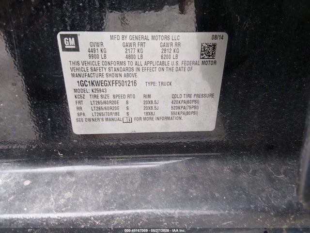45167009 :رقم المزاد ، 1GC1KWEGXFF501216 vin ، 2015 Chevrolet Silverado 2500hd Ltz مزاد بيع