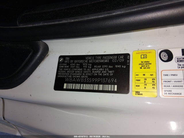 45167013 :رقم المزاد ، WBAWB33599P137694 vin ، 2009 Bmw 328i مزاد بيع