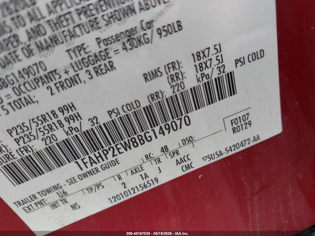 45167030 :رقم المزاد ، 1FAHP2EW8BG149070 vin ، 2011 Ford Taurus Sel مزاد بيع
