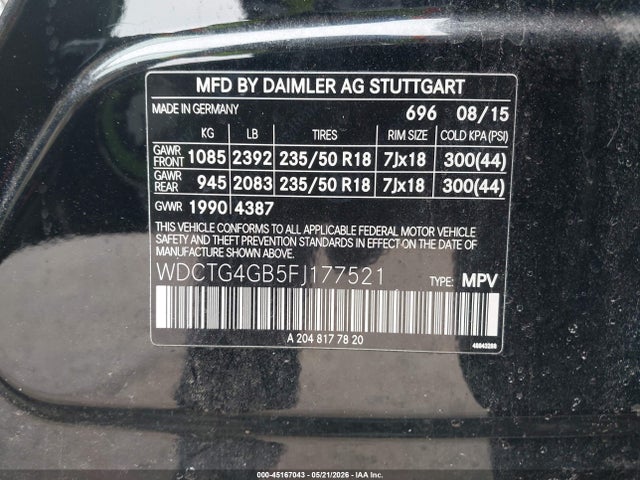 WDCTG4GB5FJ177521 Mercedes-Benz Gla 250 4matic
