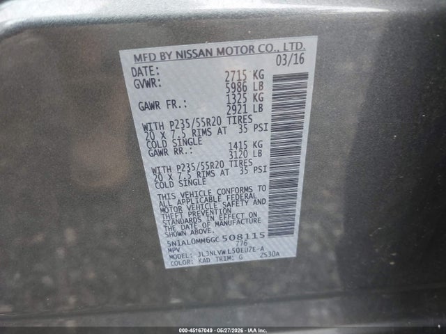 45167049 :رقم المزاد ، 5N1AL0MM6GC508115 vin ، 2016 Infiniti Qx60 مزاد بيع