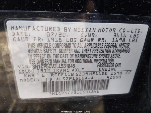 Aukcja sprzedaży 2020 Nissan Kicks Sv Xtronic Cvt, vin: 3N1CP5CV3LL531846, numer aukcji: 45167052