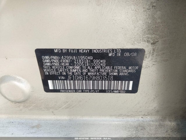 2009 Subaru Impreza 2.5i მანქანა იყიდება აუქციონზე, vin: JF1GH61679H803518, აუქციონის ნომერი: 45167056