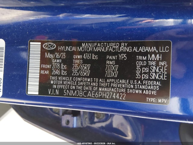 45167063 :رقم المزاد ، 5NMJBCAE6PH274422 vin ، 2023 Hyundai Tucson Sel مزاد بيع