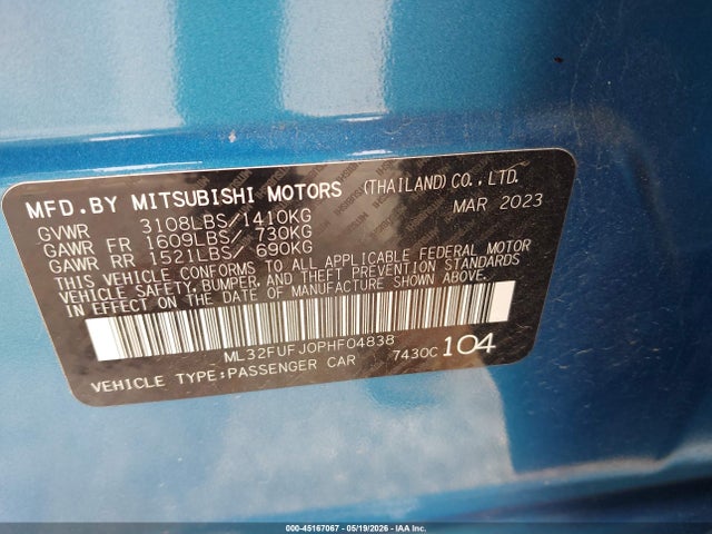 Aukcja sprzedaży 2023 Mitsubishi Mirage G4 Es, vin: ML32FUFJ0PHF04838, numer aukcji: 45167067
