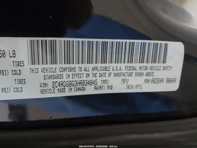 Aukcja sprzedaży 2017 Dodge Grand Caravan Se, vin: 2C4RDGBG3HR834845, numer aukcji: 45167078