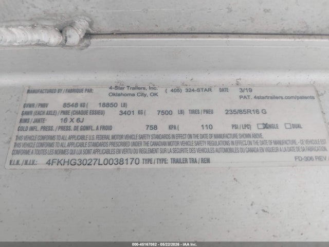 4 Star Livestock Trailer 2020 4FKHG3027L0038170 Image 9