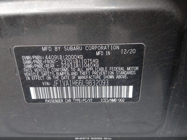 Продажа на аукционе авто 2020 Subaru Wrx Limited, vin: JF1VA1H66L9832093, номер лота: 45167119