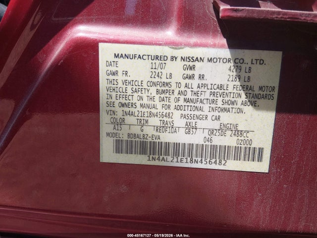 45167127 :رقم المزاد ، 1N4AL21E18N456482 vin ، 2008 Nissan Altima 2.5 S مزاد بيع