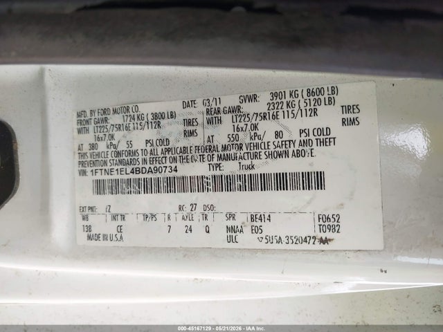 45167129 :رقم المزاد ، 1FTNE1EL4BDA90734 vin ، 2011 Ford E-150 Commercial مزاد بيع