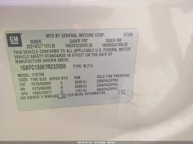 Aukcja sprzedaży 2007 Gmc Yukon Slt, vin: 1GKFC13067R233958, numer aukcji: 45167132