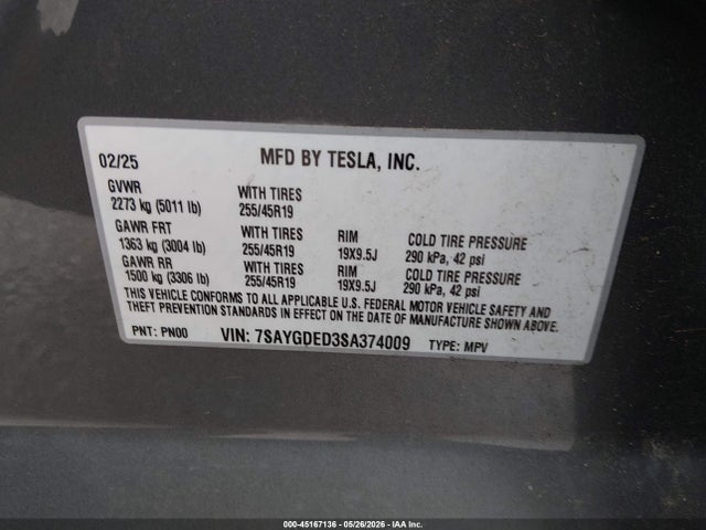Продаж на аукціоні авто 2025 Tesla Model Y Long Range Dual Motor Rear-wheel Drive, vin: 7SAYGDED3SA374009, номер лоту: 45167136