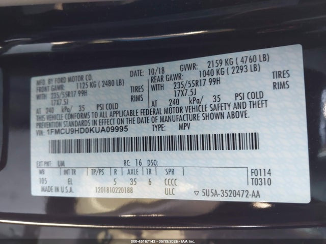 2019 Ford Escape Sel მანქანა იყიდება აუქციონზე, vin: 1FMCU9HD0KUA09995, აუქციონის ნომერი: 45167142