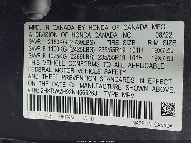 45167144 :رقم المزاد ، 2HKRW2H92NH665268 vin ، 2022 Honda Cr-v Awd Touring مزاد بيع