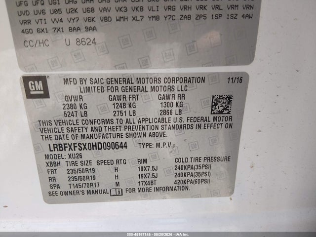 45167146 :رقم المزاد ، LRBFXFSX0HD090644 vin ، 2017 Buick Envision Premium Ii مزاد بيع