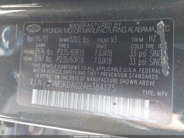 Aukcja sprzedaży 2010 Hyundai Santa Fe Limited V6, vin: 5NMSKDAG2AH384175, numer aukcji: 45167159