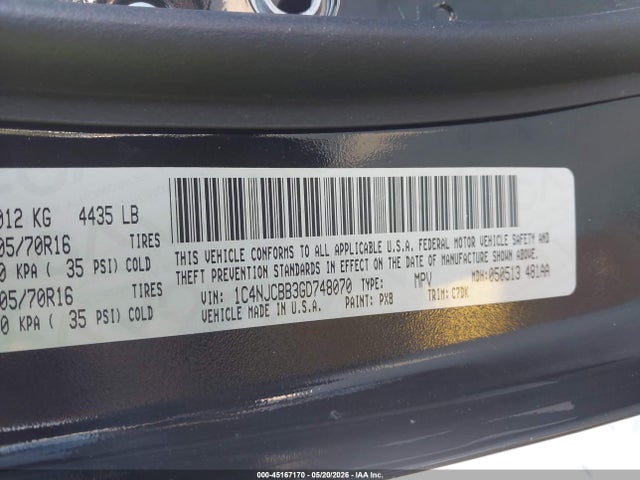 Aukcja sprzedaży 2016 Jeep Compass Sport, vin: 1C4NJCBB3GD748070, numer aukcji: 45167170