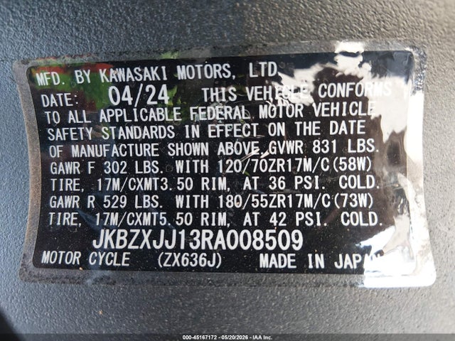 2024 Kawasaki Zx636 K მანქანა იყიდება აუქციონზე, vin: JKBZXJJ13RA008509, აუქციონის ნომერი: 45167172