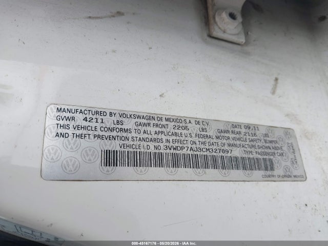Aukcja sprzedaży 2012 Volkswagen Jetta 2.5l Se, vin: 3VWDP7AJ3CM327097, numer aukcji: 45167176