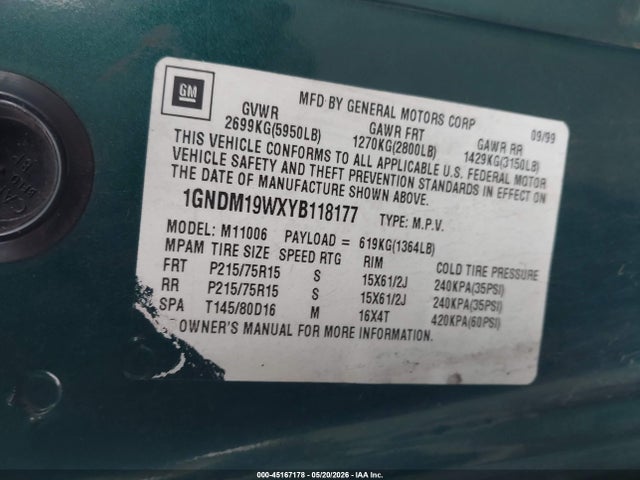 2000 Chevrolet Astro მანქანა იყიდება აუქციონზე, vin: 1GNDM19WXYB118177, აუქციონის ნომერი: 45167178