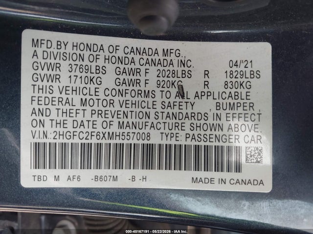 45167191 :رقم المزاد ، 2HGFC2F6XMH557008 vin ، 2021 Honda Civic Lx مزاد بيع