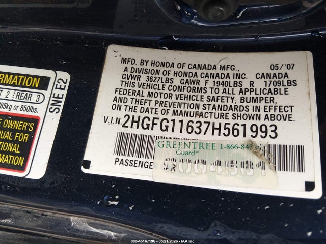 Aukcja sprzedaży 2007 Honda Civic Lx, vin: 2HGFG11637H561993, numer aukcji: 45167196