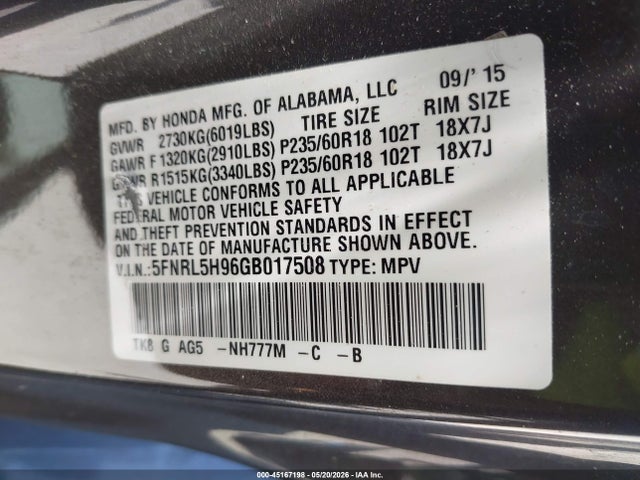Aukcja sprzedaży 2016 Honda Odyssey Touring/touring Elite, vin: 5FNRL5H96GB017508, numer aukcji: 45167198