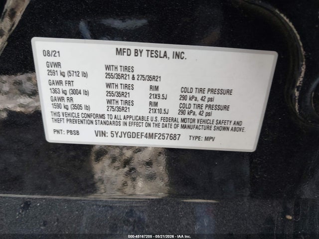 Продажа на аукционе авто 2021 Tesla Model Y Performance Dual Motor All-wheel Drive, vin: 5YJYGDEF4MF257687, номер лота: 45167205