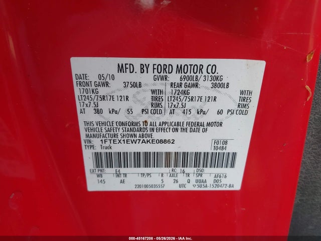 Продажа на аукционе авто 2010 Ford F-150 Stx/xl, vin: 1FTEX1EW7AKE08862, номер лота: 45167208