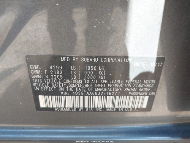 45167211 :رقم المزاد ، 4S3GTAA68J3716272 vin ، 2018 Subaru Impreza 2.0i مزاد بيع