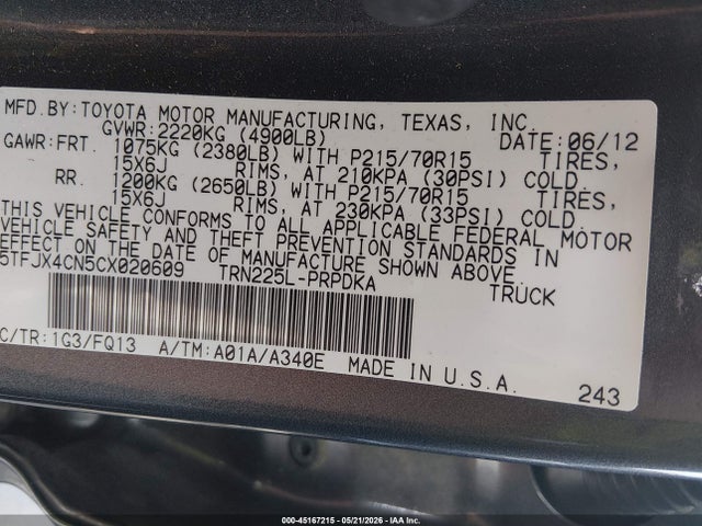 Aukcja sprzedaży 2012 Toyota Tacoma, vin: 5TFJX4CN5CX020609, numer aukcji: 45167215