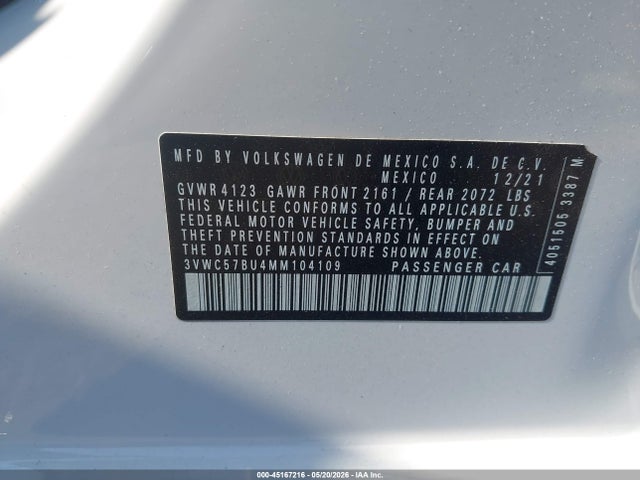 Продаж на аукціоні авто 2021 Volkswagen Jetta 1.4t R-line/1.4t S/1.4t Se, vin: 3VWC57BU4MM104109, номер лоту: 45167216