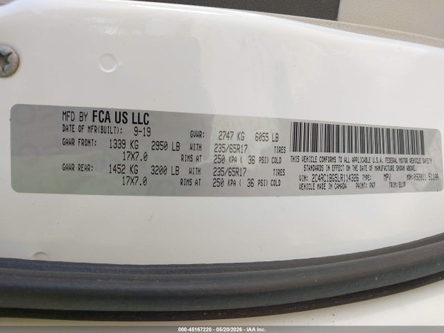Продаж на аукціоні авто 2020 Chrysler Pacifica Touring L, vin: 2C4RC1BG5LR114326, номер лоту: 45167220