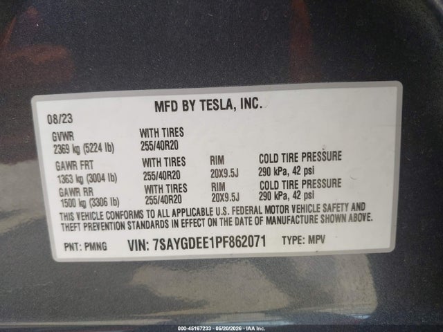 2023 Tesla Model Y Awd/long Range Dual Motor All-wheel Drive მანქანა იყიდება აუქციონზე, vin: 7SAYGDEE1PF862071, აუქციონის ნომერი: 45167233