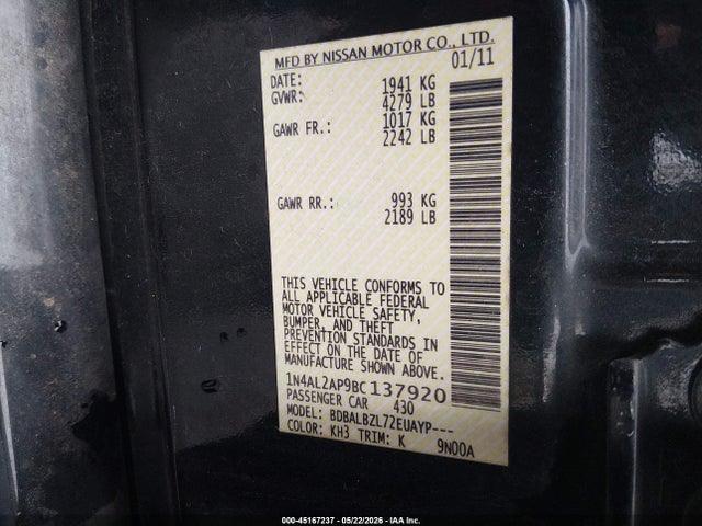 Aukcja sprzedaży 2011 Nissan Altima 2.5 S, vin: 1N4AL2AP9BC137920, numer aukcji: 45167237