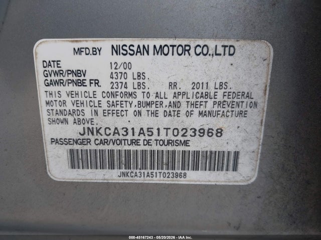 45167243 :رقم المزاد ، JNKCA31A51T023968 vin ، 2001 Infiniti I30 Luxury مزاد بيع