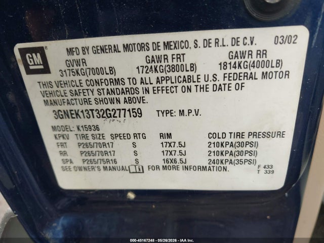 Продажа на аукционе авто 2002 Chevrolet Avalanche 1500, vin: 3GNEK13T32G277159, номер лота: 45167248