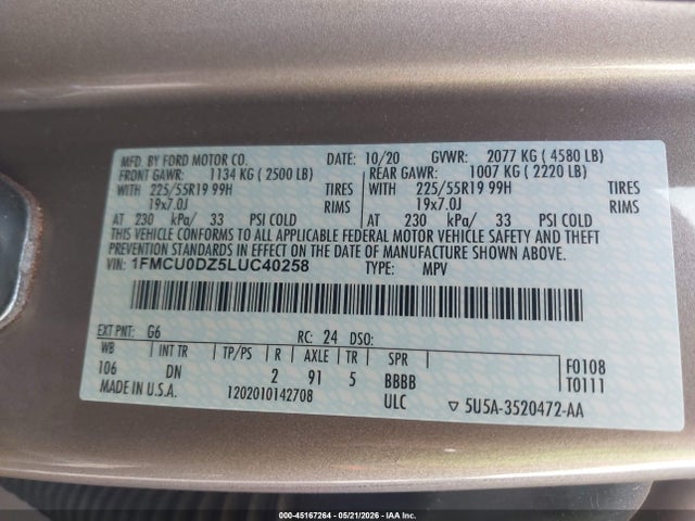 Aukcja sprzedaży 2020 Ford Escape Titanium Hybrid, vin: 1FMCU0DZ5LUC40258, numer aukcji: 45167264