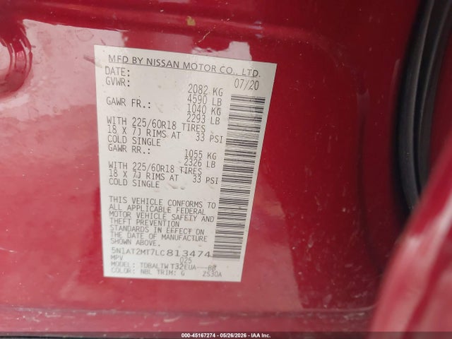 2020 Nissan Rogue Sv Fwd მანქანა იყიდება აუქციონზე, vin: 5N1AT2MT7LC813474, აუქციონის ნომერი: 45167274