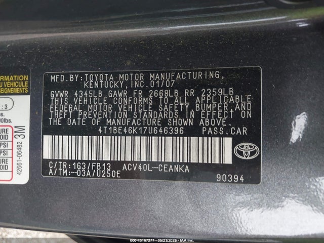 Aukcja sprzedaży 2007 Toyota Camry Le, vin: 4T1BE46K17U646396, numer aukcji: 45167277