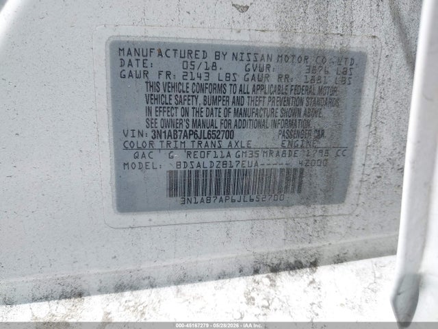 Aukcja sprzedaży 2018 Nissan Sentra Sv, vin: 3N1AB7AP6JL652700, numer aukcji: 45167279