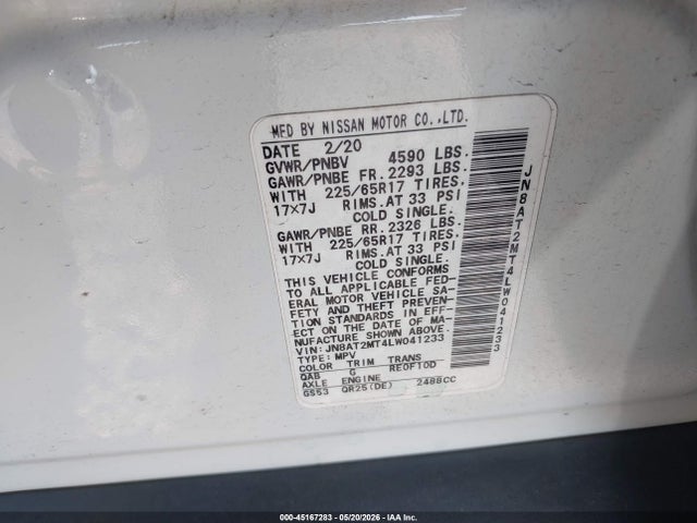 Продаж на аукціоні авто 2020 Nissan Rogue Sv Fwd, vin: JN8AT2MT4LW041233, номер лоту: 45167283