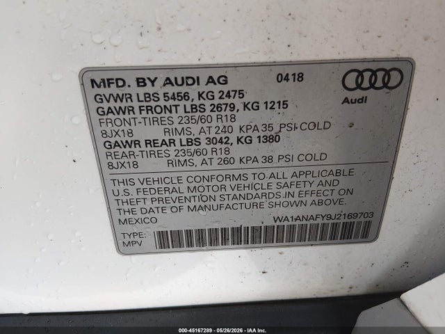 45167289 :رقم المزاد ، WA1ANAFY9J2169703 vin ، 2018 Audi Q5 2.0t Premium/2.0t Tech Premium مزاد بيع