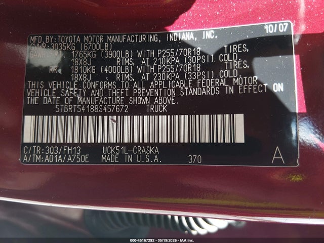 Продаж на аукціоні авто 2008 Toyota Tundra Sr5 4.7l V8, vin: 5TBRT54188S457672, номер лоту: 45167292