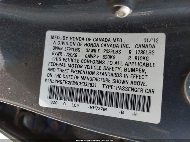 Aukcja sprzedaży 2012 Honda Civic Ex, vin: 2HGFB2F84CH332831, numer aukcji: 45167296